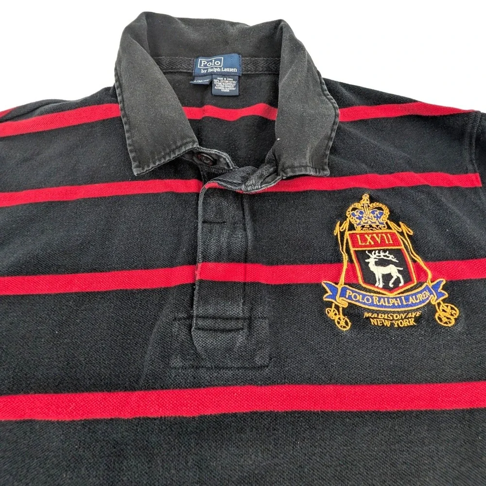 Polo Ralph Lauren Rugby Shirt Striped Crest Long Sleeve‎ Black Red Kids L 16/18